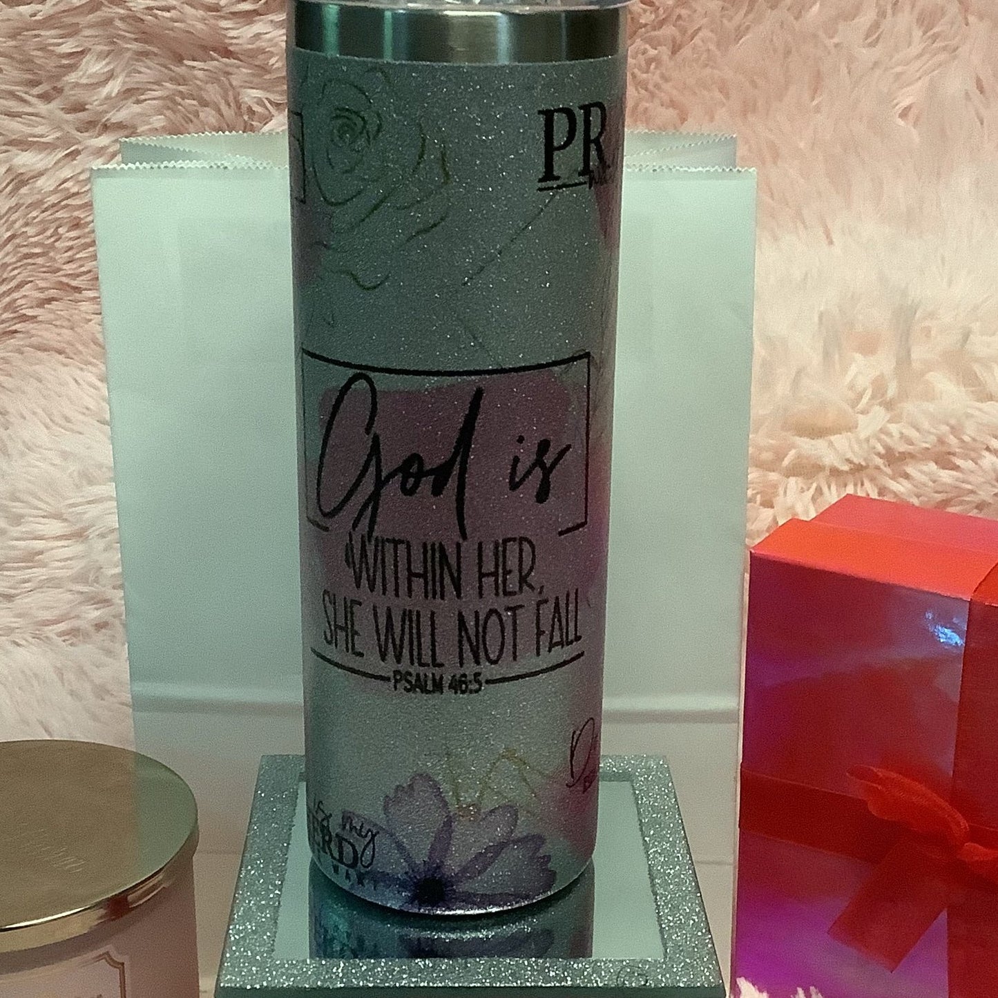 Silver Glitter Tumbler with Spiritual Saying