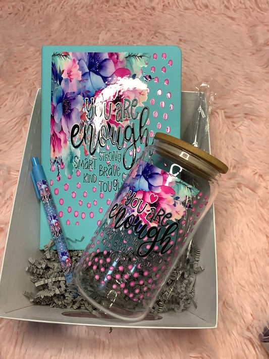 Journal, Pen and 16 oz Glass Jar Tumbler Set “ You are Enough “