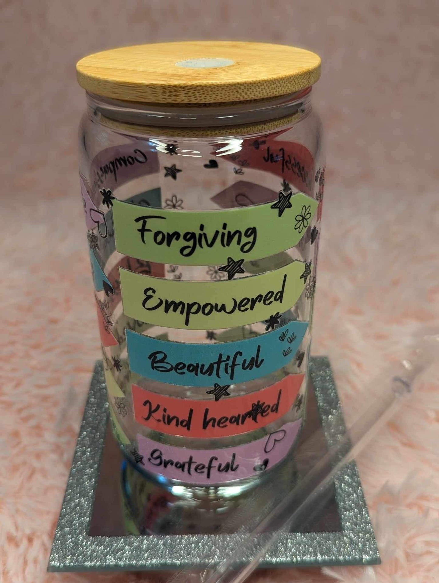 Glass Tumbler : Colorful Affirmation Words